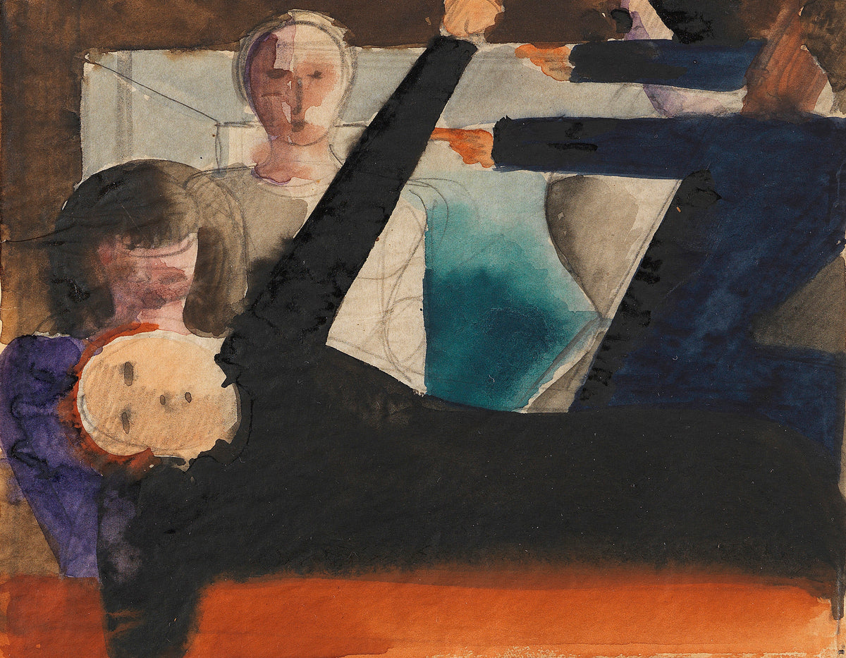 Zwiegespräch (Anklage) by Oskar Schlemmer — Figures crowd round a black-robed figure with a raised arm