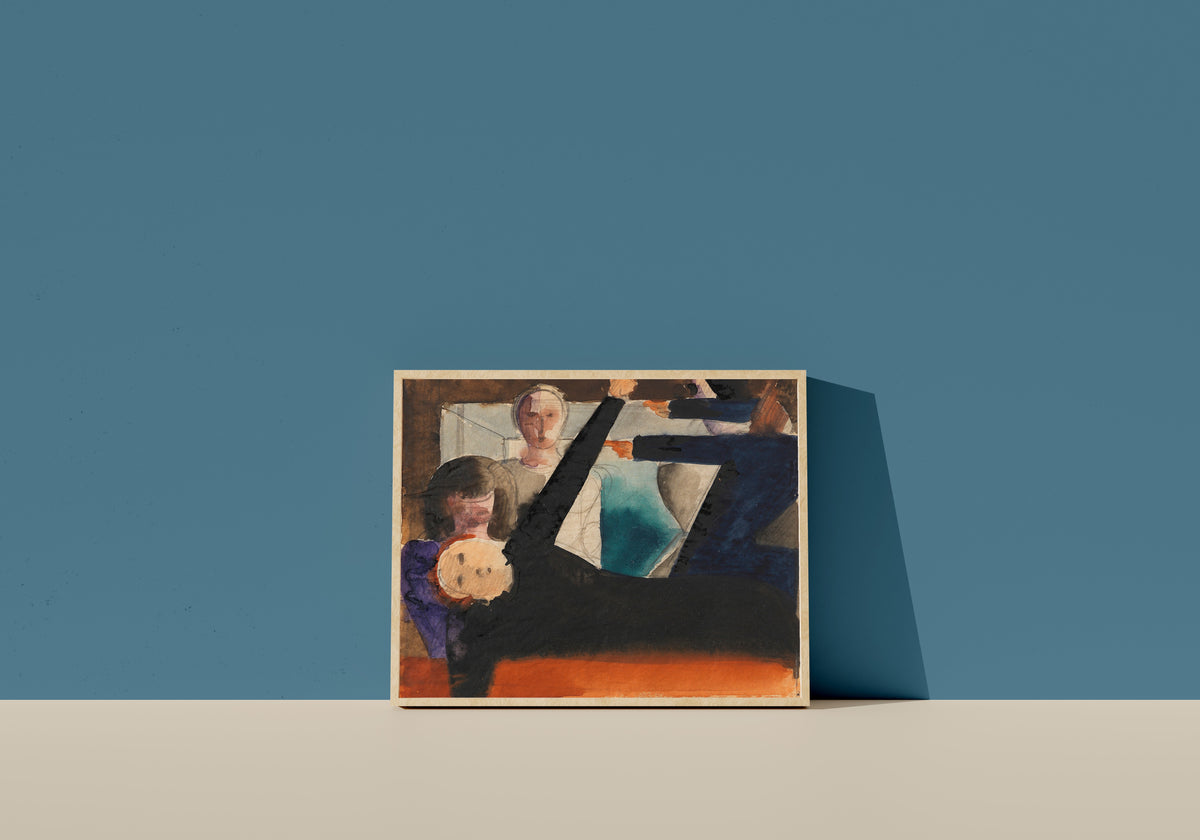 Framed art print of Zwiegespräch (Anklage) by Oskar Schlemmer, in a light wood frame leaning on a blue wall