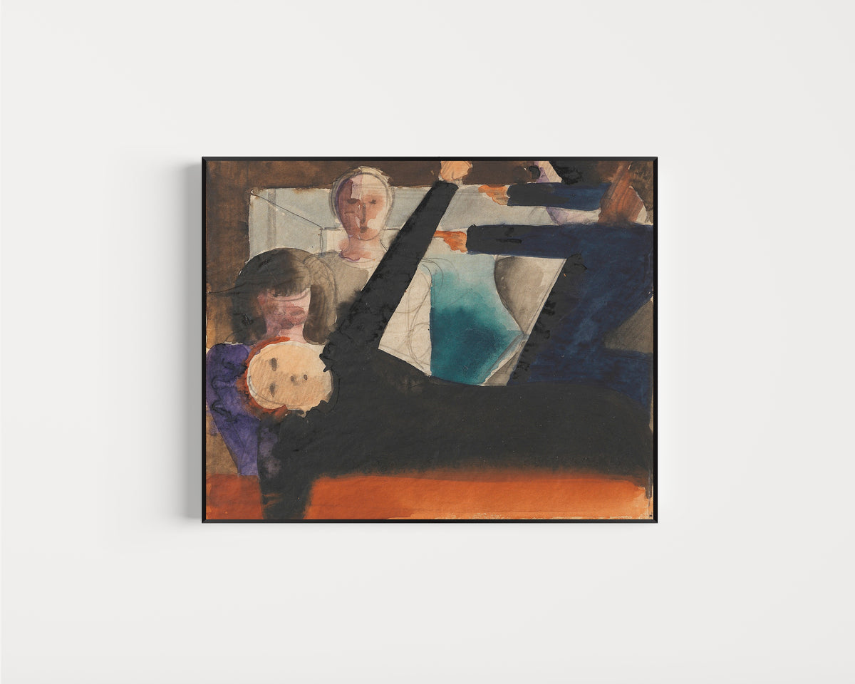 Framed art print of Zwiegespräch (Anklage) by Oskar Schlemmer, in a slim black frame on a plain white wall