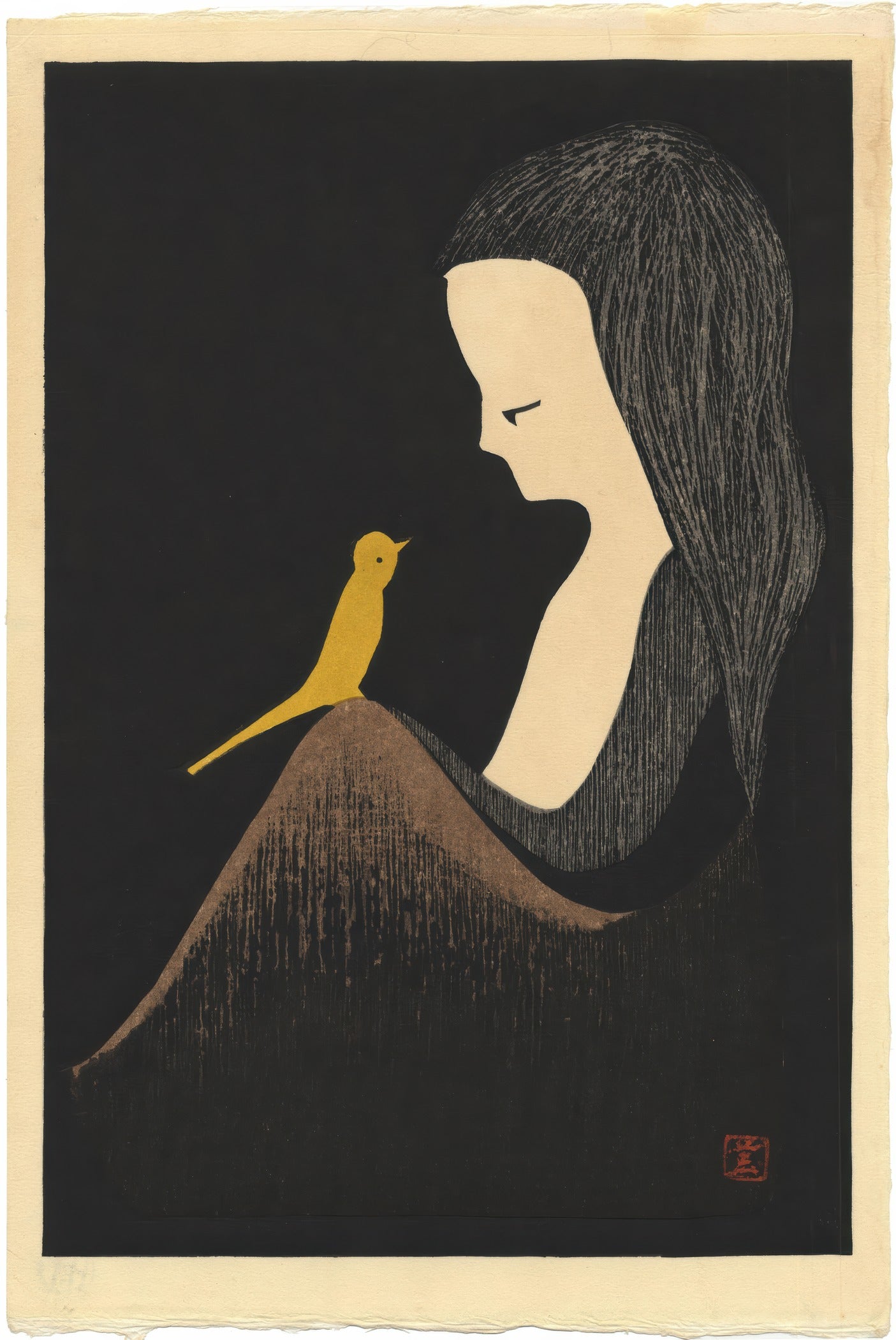 Kaoru Kawano — Girl with Yellow Bird | Shin Hanga Print