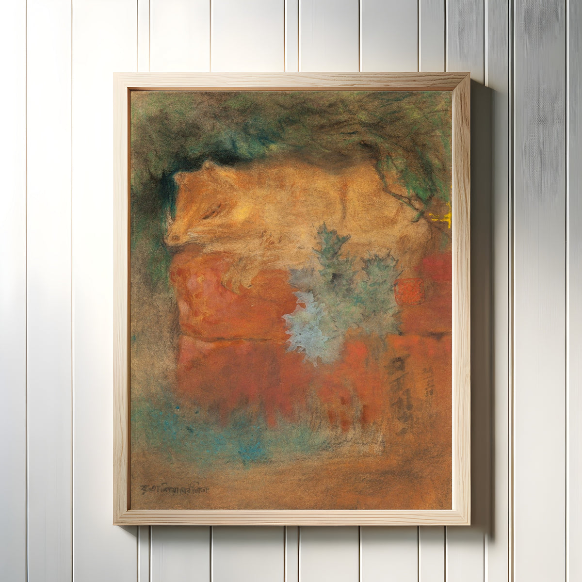Framed art print of Rata, the Fox by Abanindranath Tagore, in a light wood frame on a white panelled wall