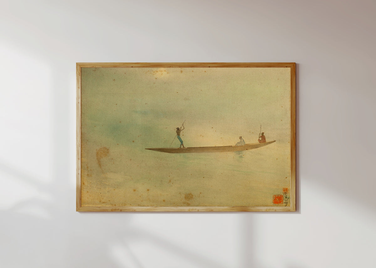 Framed art print of Village Music by Abanindranath Tagore, in a light wood frame on a sunlit white wall