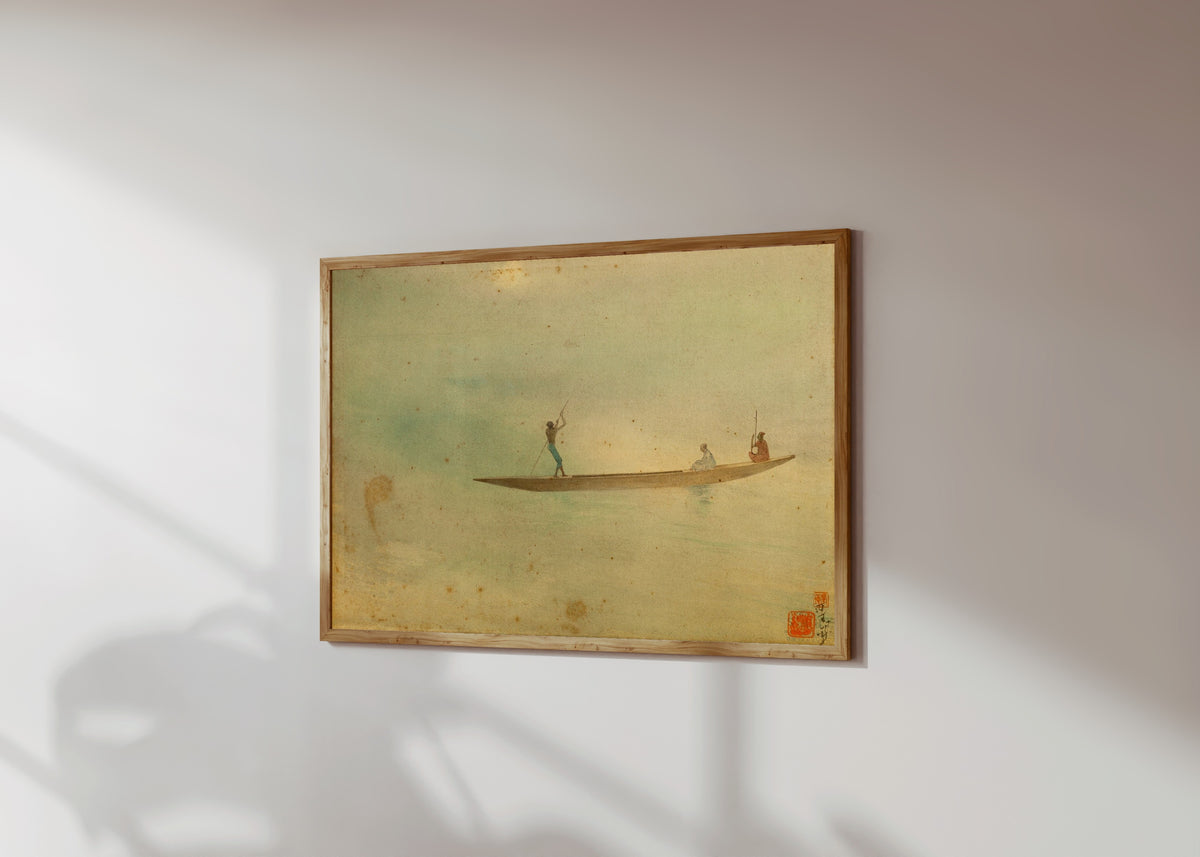 Framed art print of Village Music by Abanindranath Tagore, in a light wood frame on a sunlit white wall, seen at a slight angle