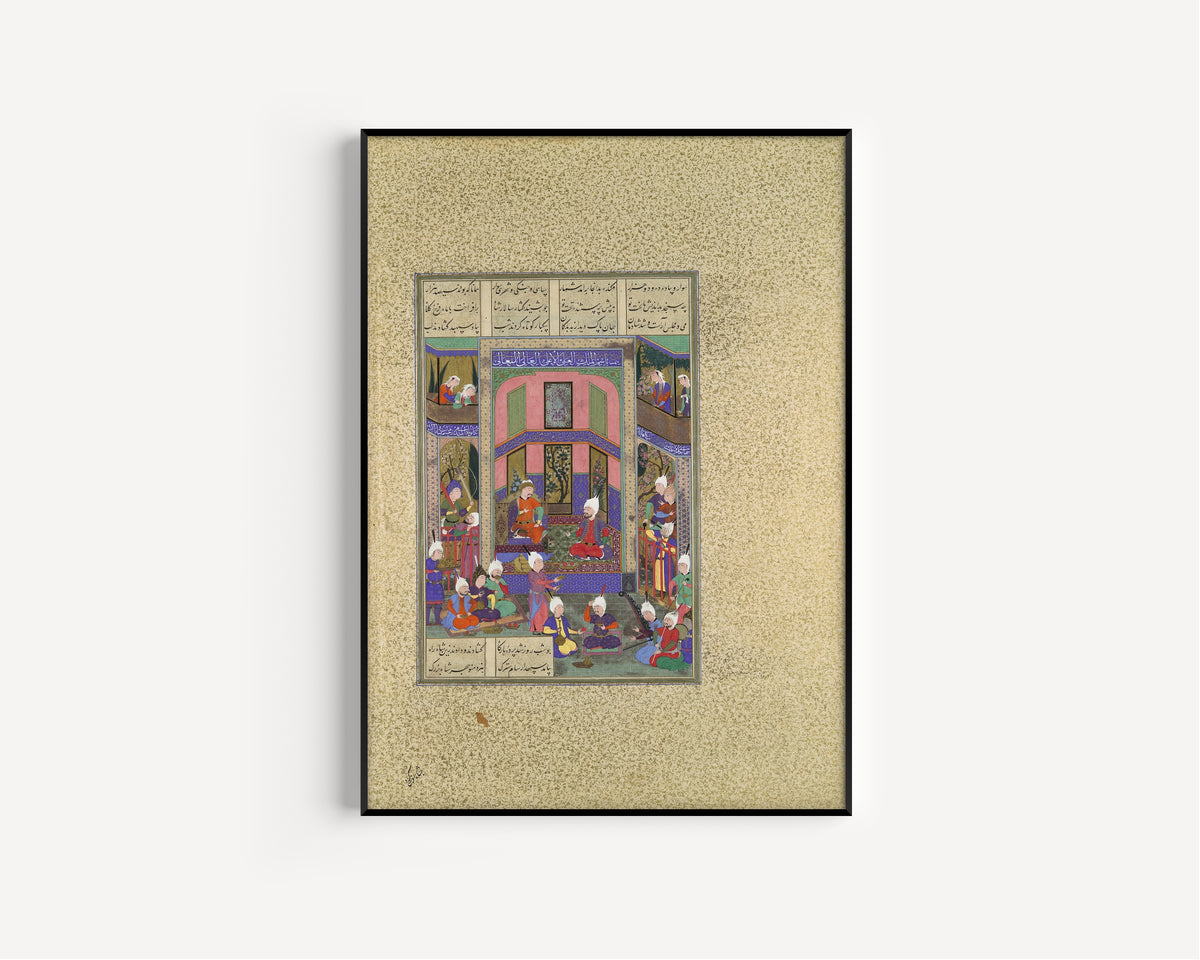 Abd al-Aziz (attributed) — Shahnama of Shah Tahmasp: Manuchihr Welcomes Sam but Orders War upon Mihrab | Persian Miniature Art Print
