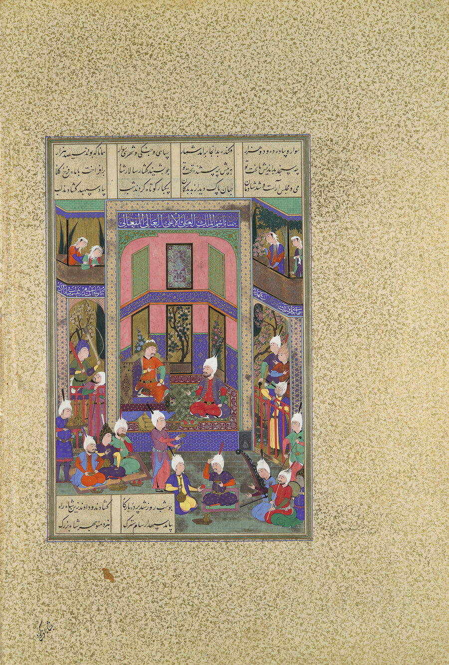 Abd al-Aziz (attributed) — Shahnama of Shah Tahmasp: Manuchihr Welcomes Sam but Orders War upon Mihrab | Persian Miniature Art Print shown to scale on a wall above a sofa