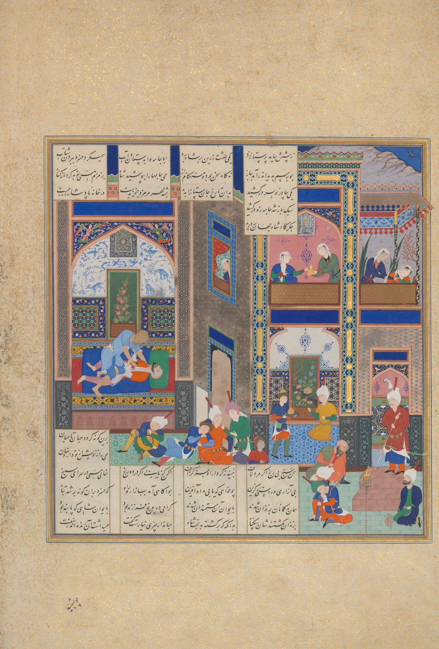 Abd al-Samad (attributed) — Shahnama of Shah Tahmasp: The Assassination of Khusrau Parviz | Persian Miniature Art Print shown to scale on a wall above a sofa