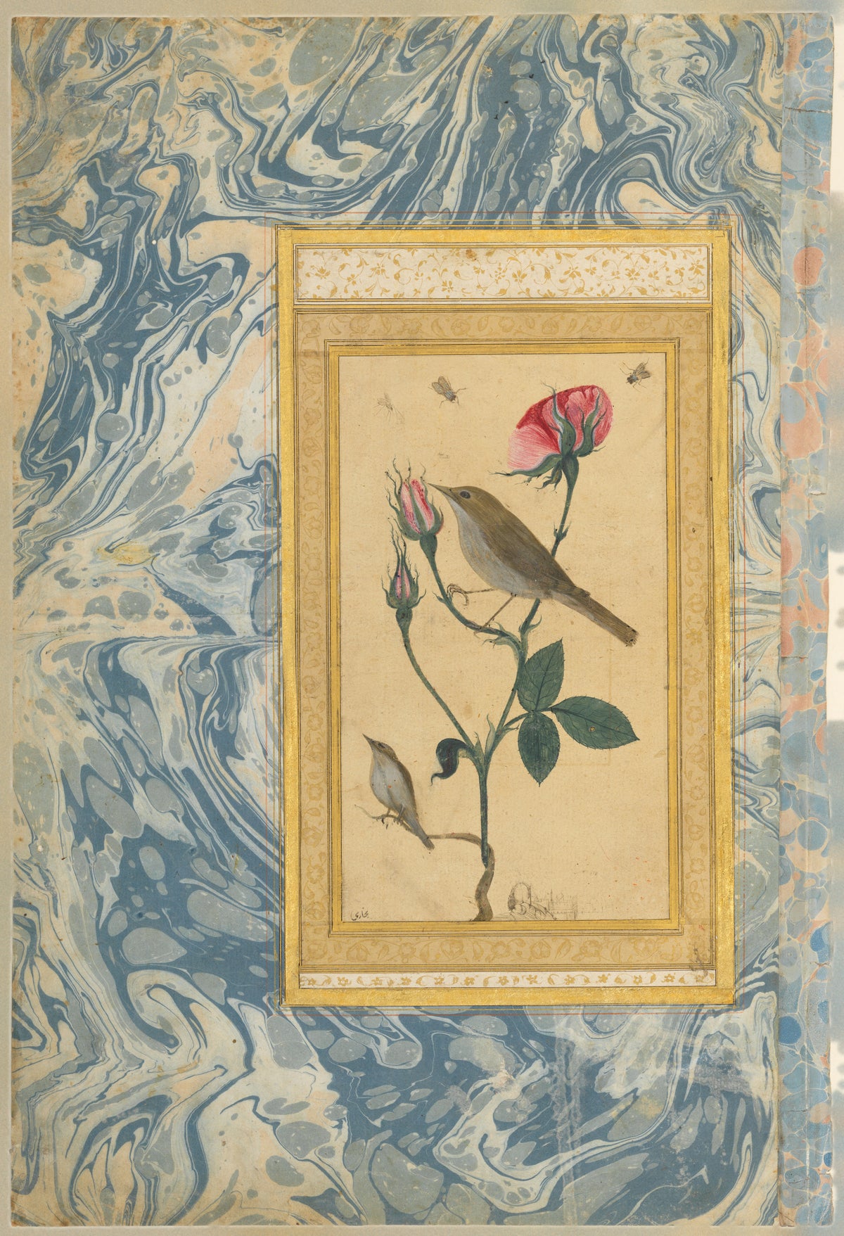 Two Nightingales in a Rose Bush by Abdullah Bukhari — Two nightingales perch on a rose bush in an Ottoman album leaf