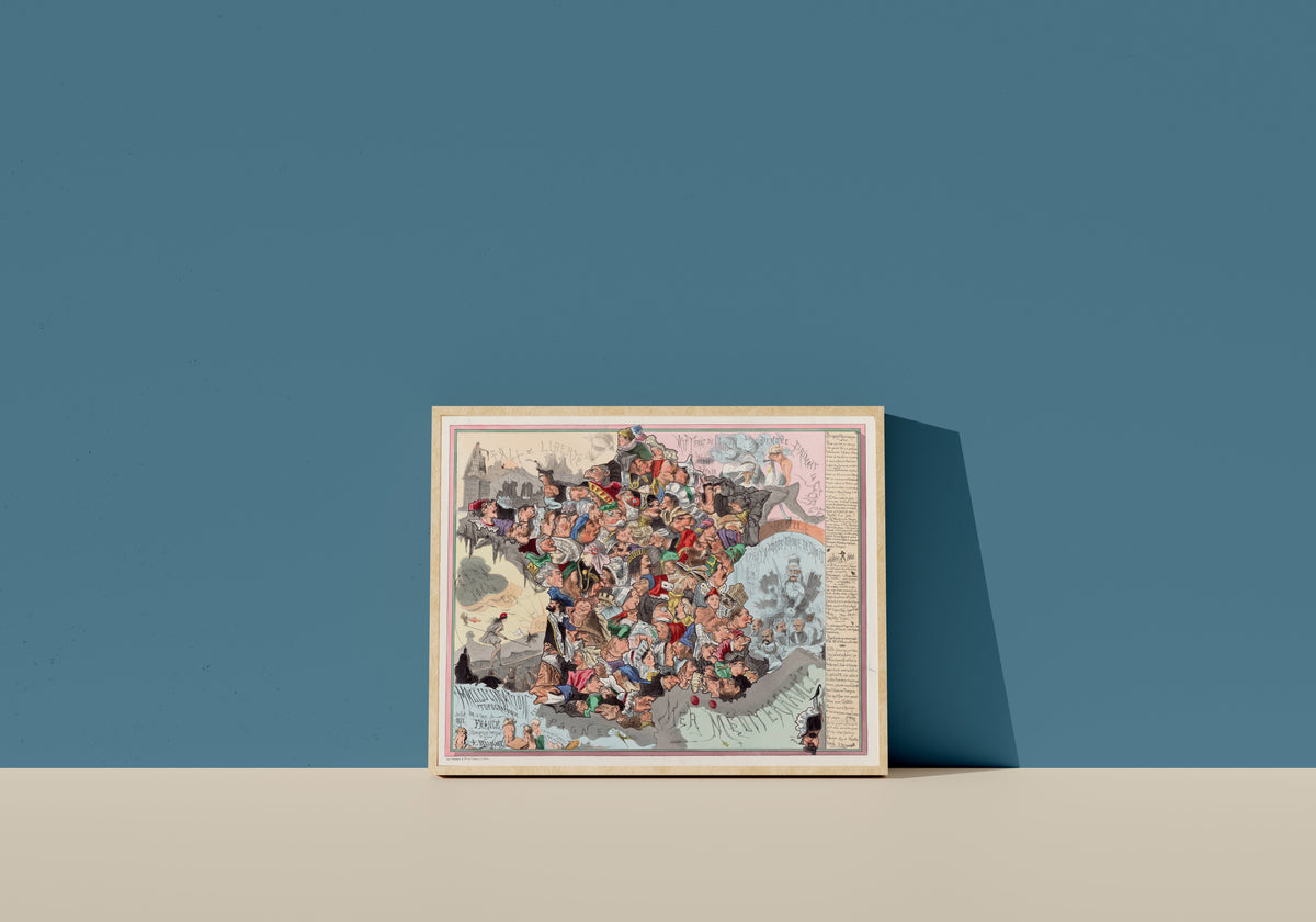 Framed art print of Malédiction topographique sur la carte de France by Achille Belloguet, in a light wood frame leaning on a blue wall