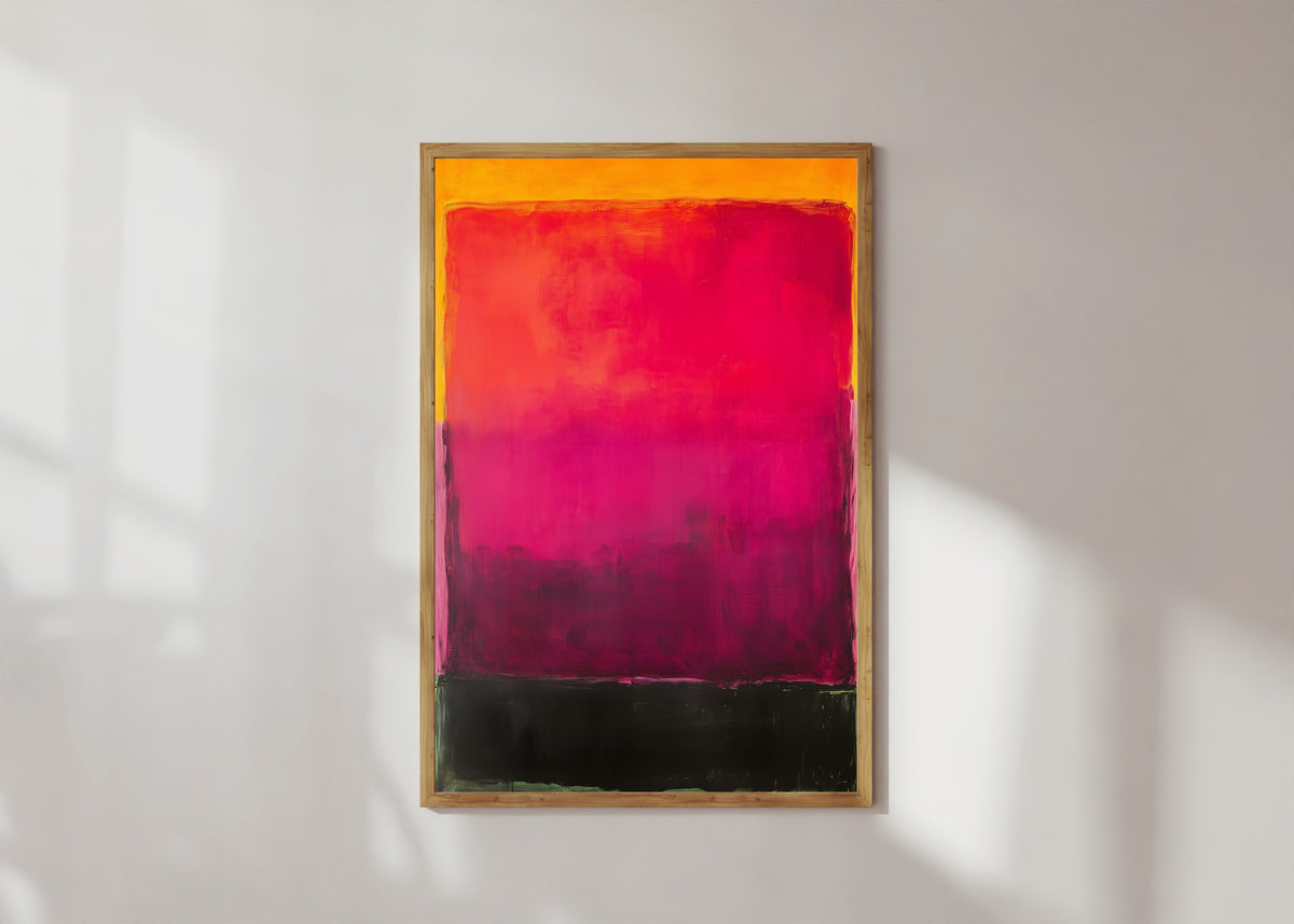 Framed art print of Black and Purple (Colour Field) by After Mark Rothko, in a light wood frame on a sunlit white wall