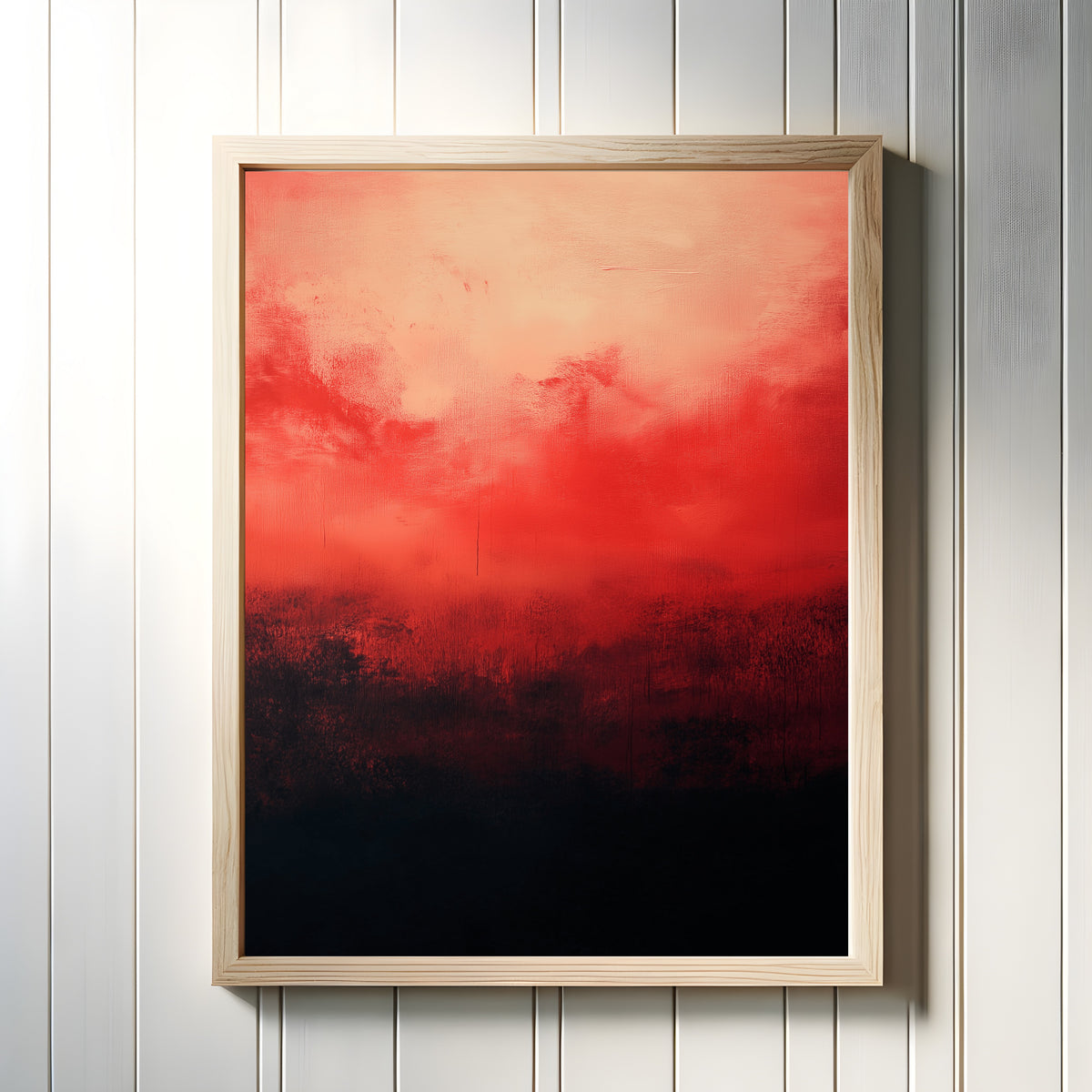Framed art print of Black and Red (Colour Field) by After Mark Rothko, in a light wood frame on a white panelled wall