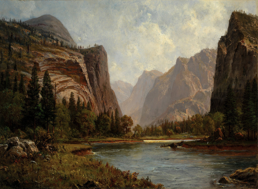 Albert Bierstadt — Gates of the Yosemite | Landscape Fine Art Print shown to scale on a wall above a sofa