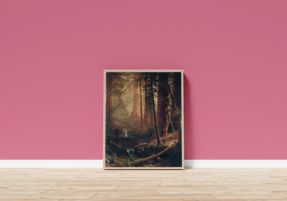 Framed art print of Giant Redwood Trees of California by Albert Bierstadt, in a light wood frame leaning on a pink wall above a wooden floor