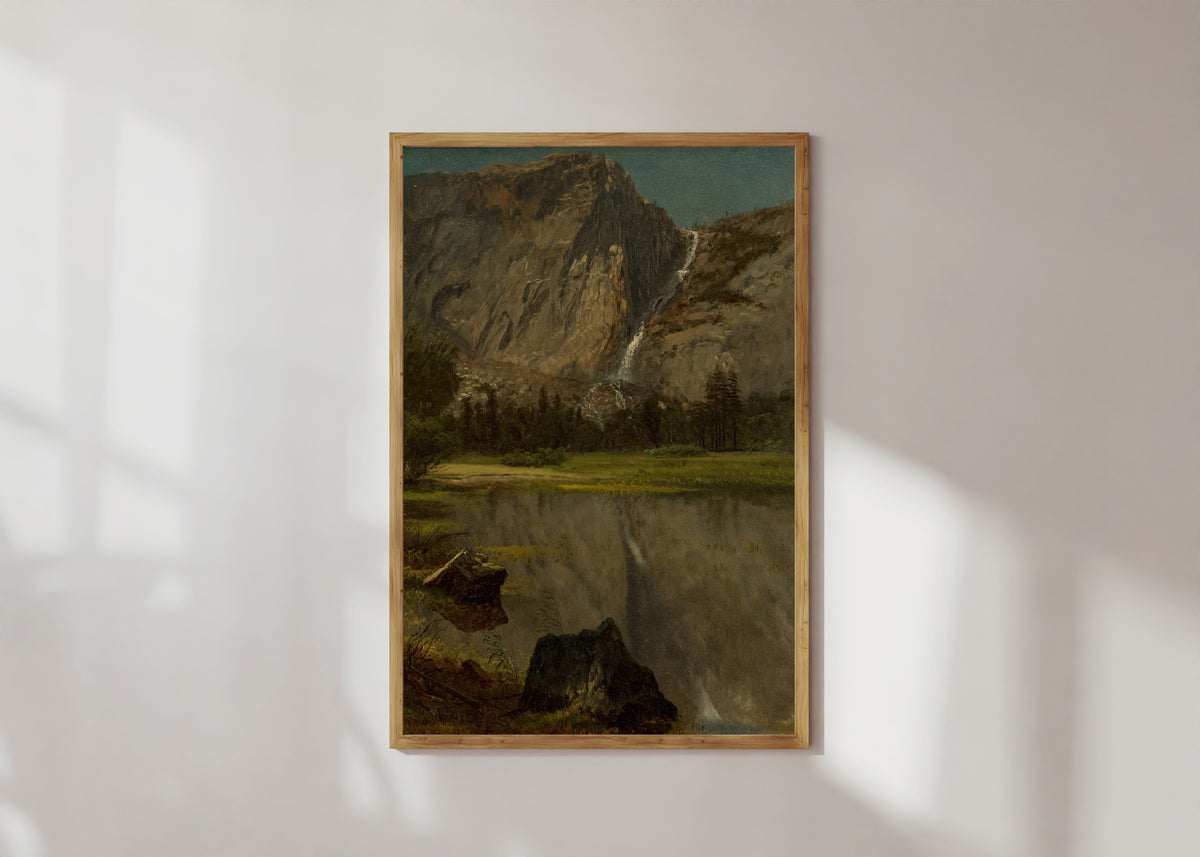Framed art print of Hetch Hetchy Falls, California by Albert Bierstadt, in a light wood frame on a sunlit white wall