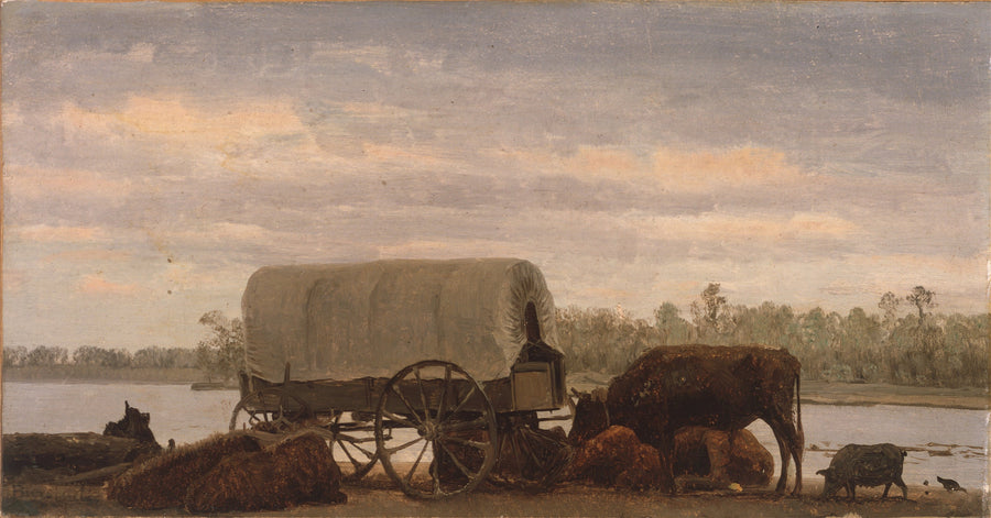 Albert Bierstadt — Nooning on the Platte | Landscape Fine Art Print shown to scale on a wall above a sofa