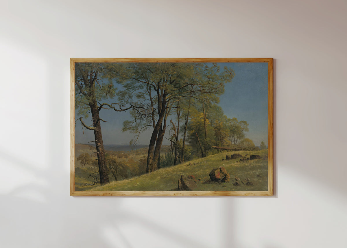 Framed art print of Rockland County, California by Albert Bierstadt, in a light wood frame on a sunlit white wall