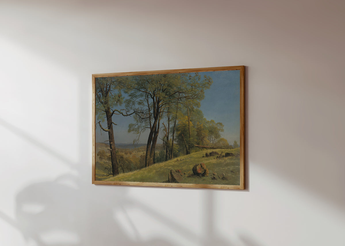 Framed art print of Rockland County, California by Albert Bierstadt, in a light wood frame on a sunlit white wall, seen at a slight angle