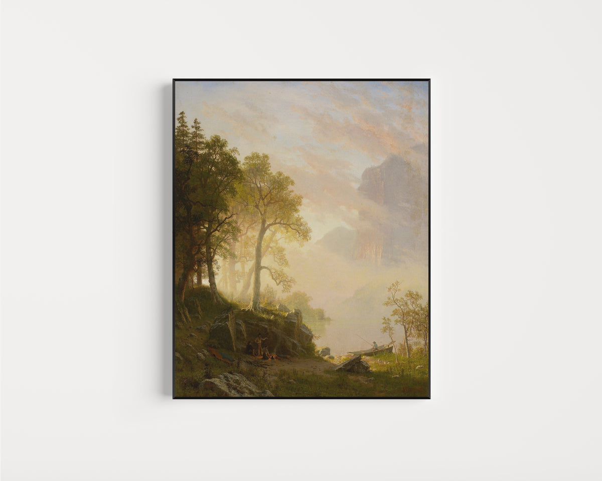 Framed art print of The Merced River in Yosemite by Albert Bierstadt, in a slim black frame on a plain white wall