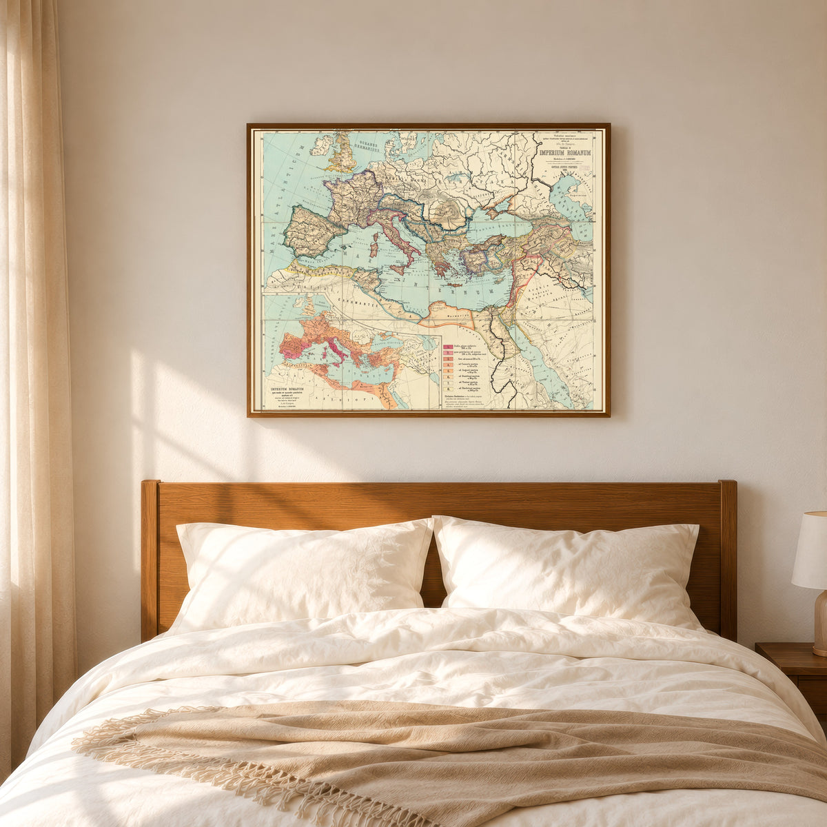 Framed art print of Imperium Romanum (Tabulae Maximae) by Albert van Kampen, in a slim wood frame above a bed in a sunlit bedroom