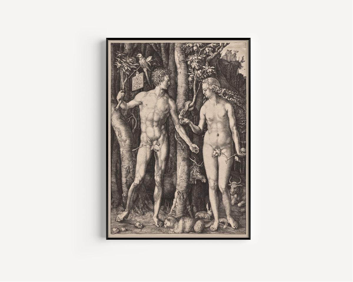 Framed art print of Adam and Eve by Albrecht Dürer, in a slim black frame on a plain white wall