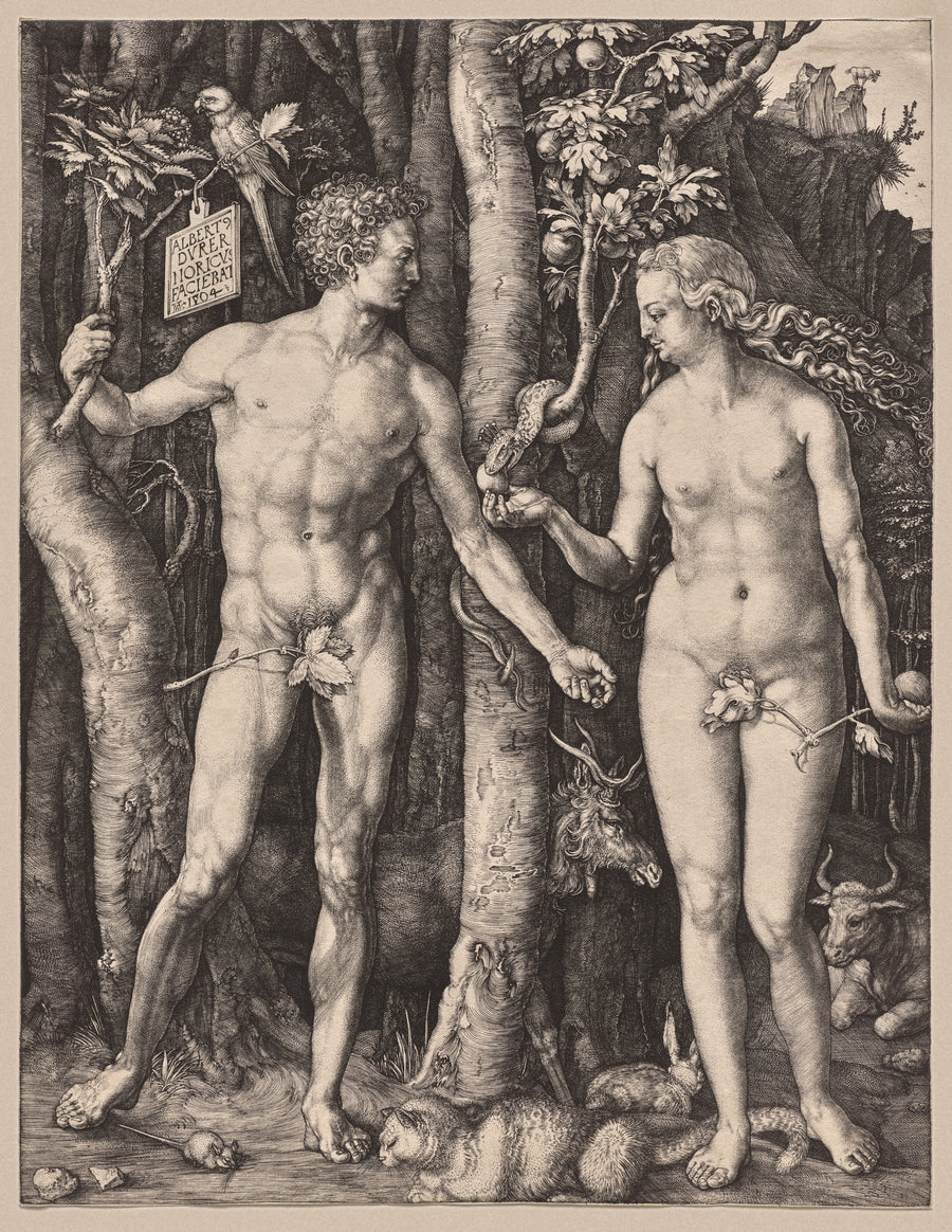 Albrecht Dürer — Adam and Eve | Engraving Print shown to scale on a wall above a sofa