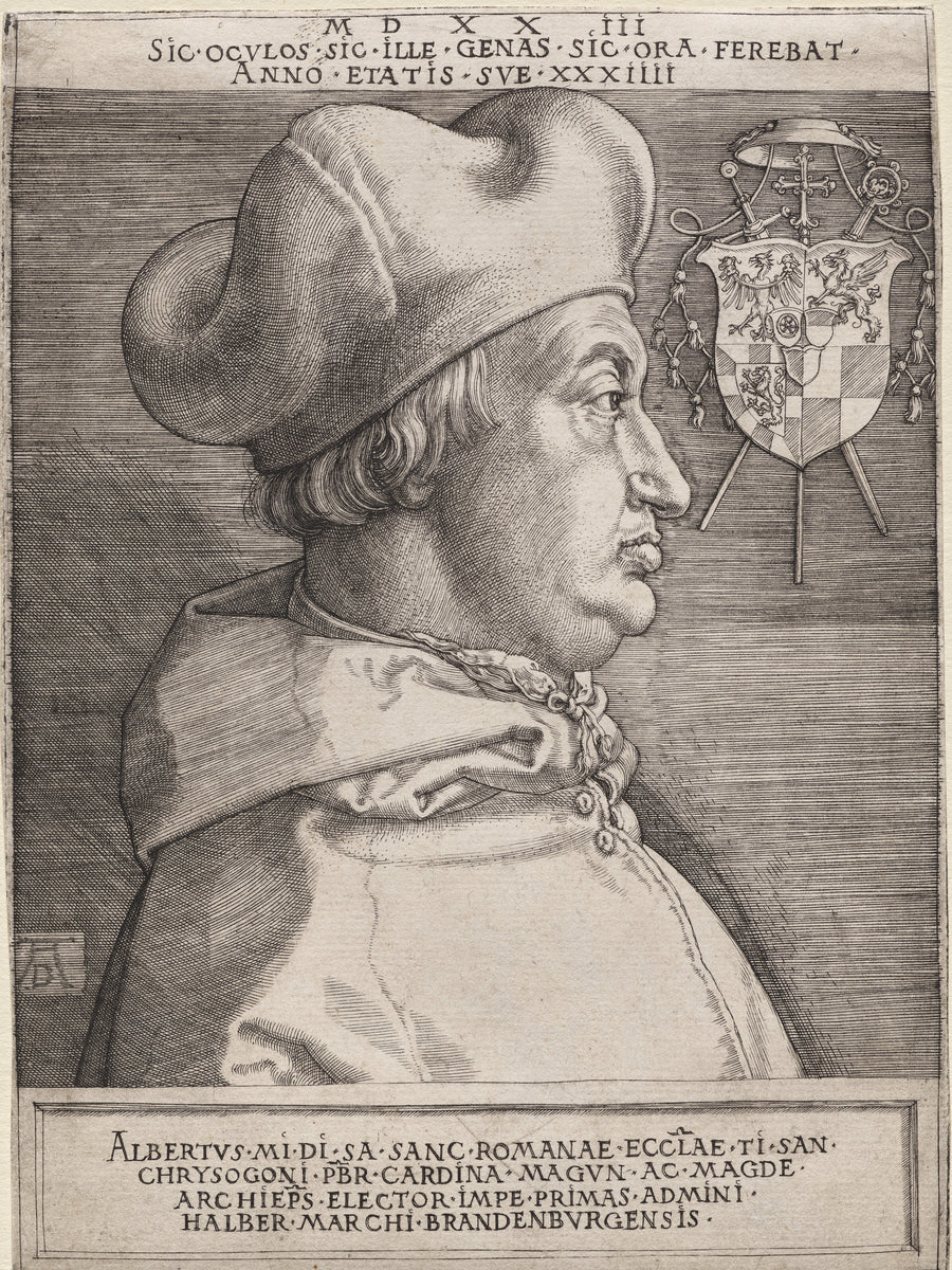 Albrecht Dürer — Cardinal Albrecht of Brandenburg (The Large Plate) | Engraving Print shown to scale on a wall above a sofa