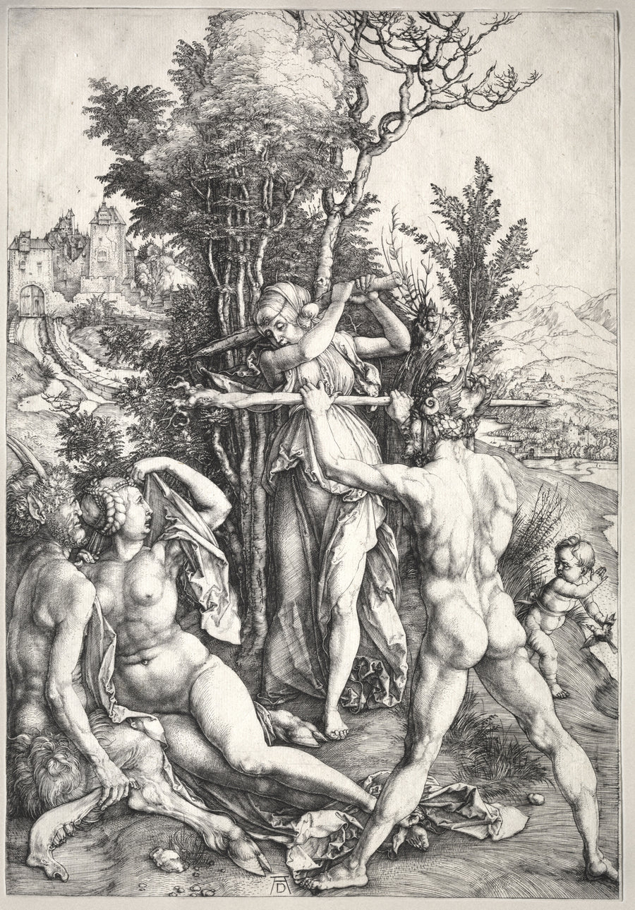 Albrecht Dürer — Hercules at the Crossroad | Engraving Print shown to scale on a wall above a sofa