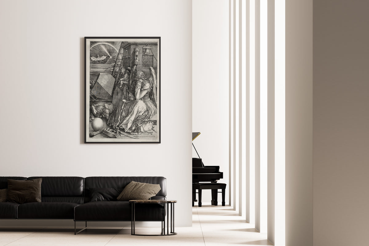 Framed art print of Melencolia I by Albrecht Dürer, on the wall of a minimal living room