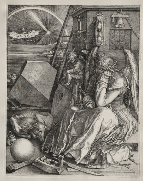 Melencolia I by Albrecht Dürer — A brooding winged figure sits among tools, a dog and a polyhedron