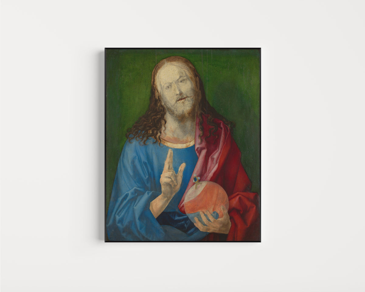 Framed art print of Salvator Mundi by Albrecht Dürer, in a slim black frame on a plain white wall