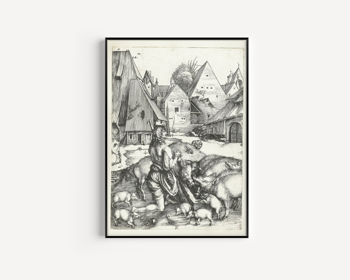 Framed art print of The Prodigal Son Amid the Swine by Albrecht Dürer, in a slim black frame on a plain white wall