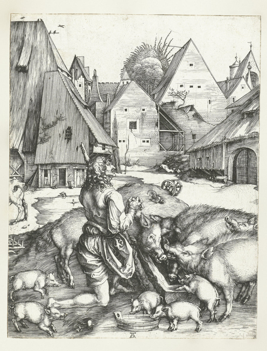 Albrecht Dürer — The Prodigal Son Amid the Swine | Engraving Print shown to scale on a wall above a sofa