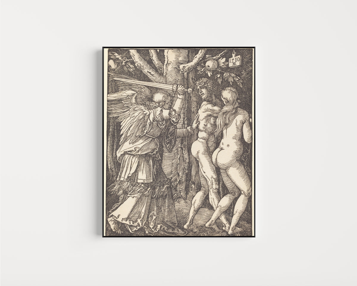 Framed art print of The Small Passion: The Expulsion from Paradise by Albrecht Dürer, in a slim black frame on a plain white wall