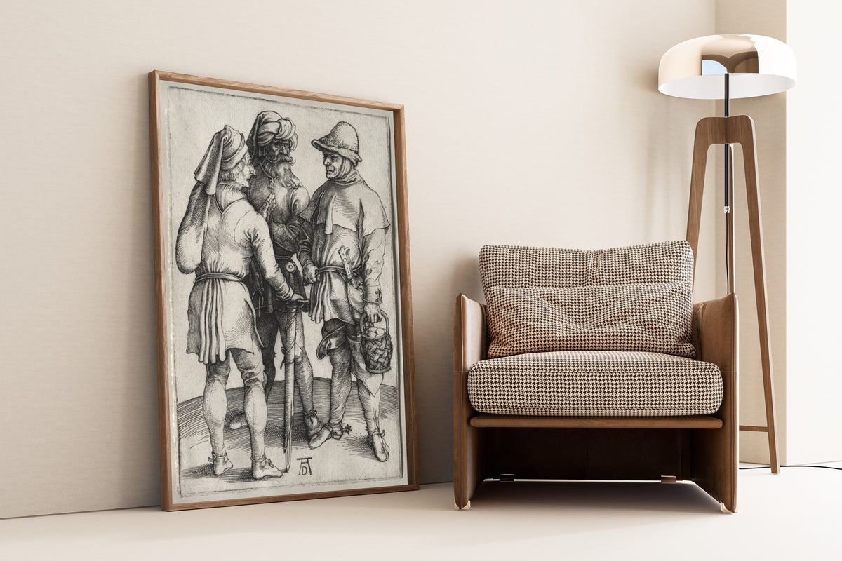 Framed art print of Three Peasants in Conversation by Albrecht Dürer, leaning against a wall beside an armchair and a floor lamp