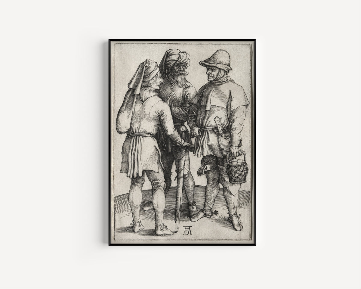 Framed art print of Three Peasants in Conversation by Albrecht Dürer, in a slim black frame on a plain white wall