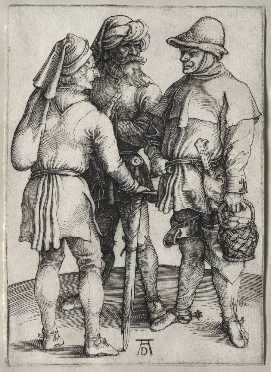 Albrecht Dürer — Three Peasants in Conversation | Engraving Print shown to scale on a wall above a sofa