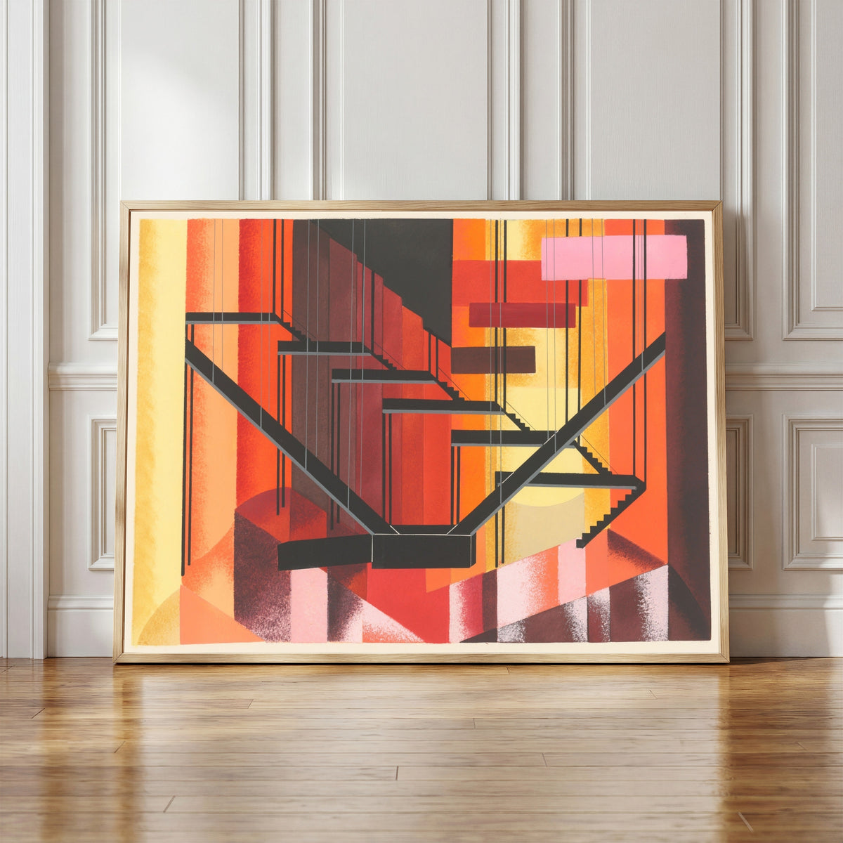 Framed art print of Maquettes de Théâtre 13 by Alexandra Exter, in a light wood frame leaning against a panelled white wall