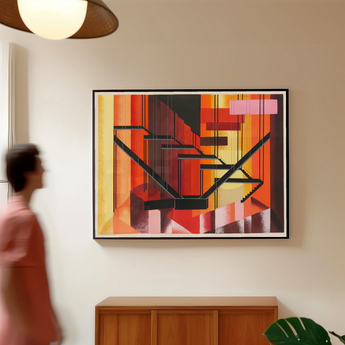 Framed art print of Maquettes de Théâtre 13 by Alexandra Exter, in a slim black frame on a warm wall in a sunlit room