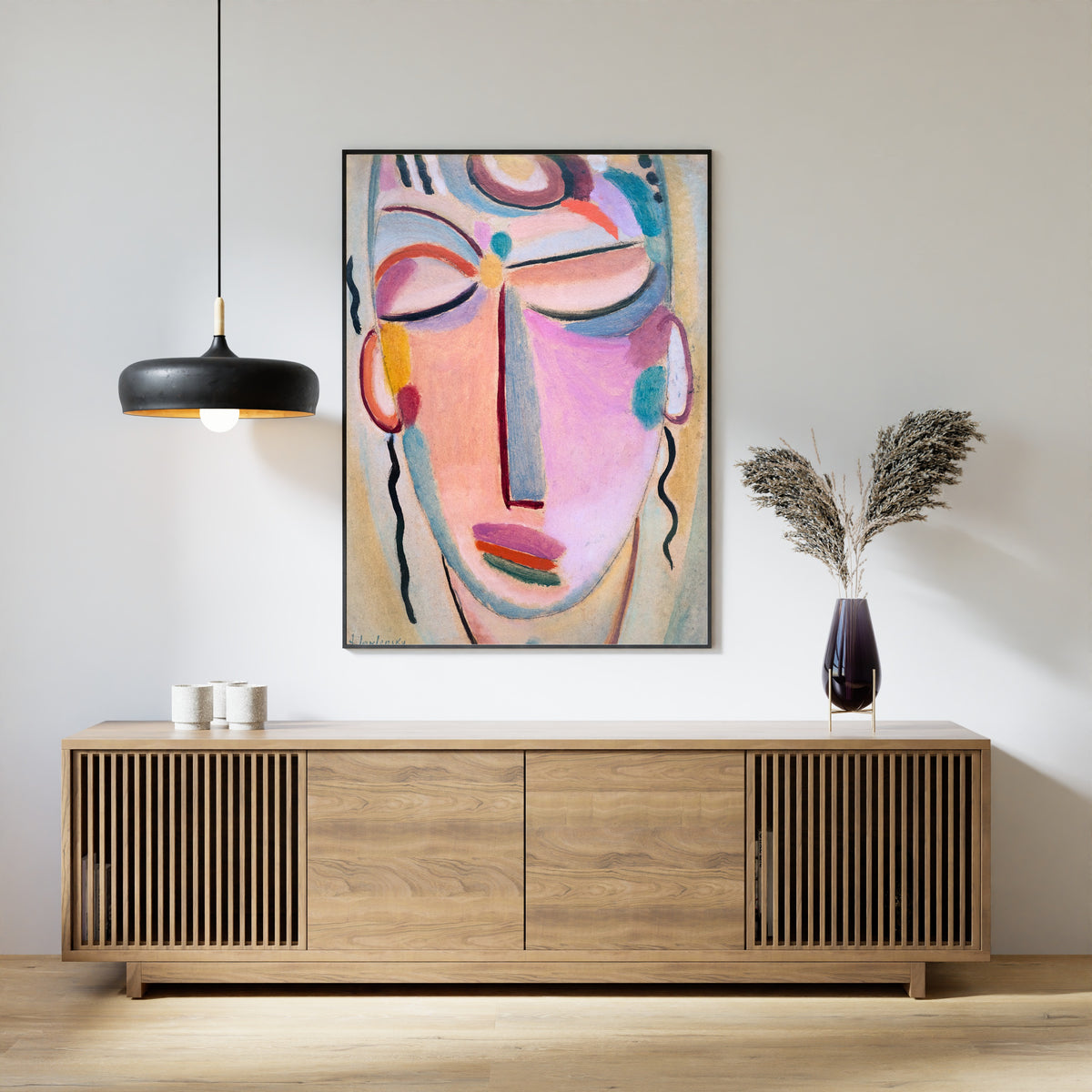 Mystical Head: Meditation by Alexej von Jawlensky — framed above a slatted wood sideboard