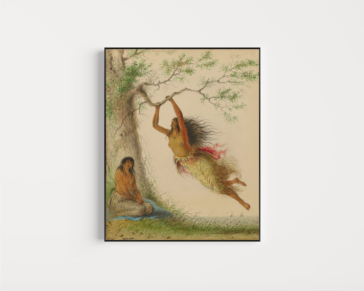 Framed art print of Indian Girls Swinging by Alfred Jacob Miller, in a slim black frame on a plain white wall