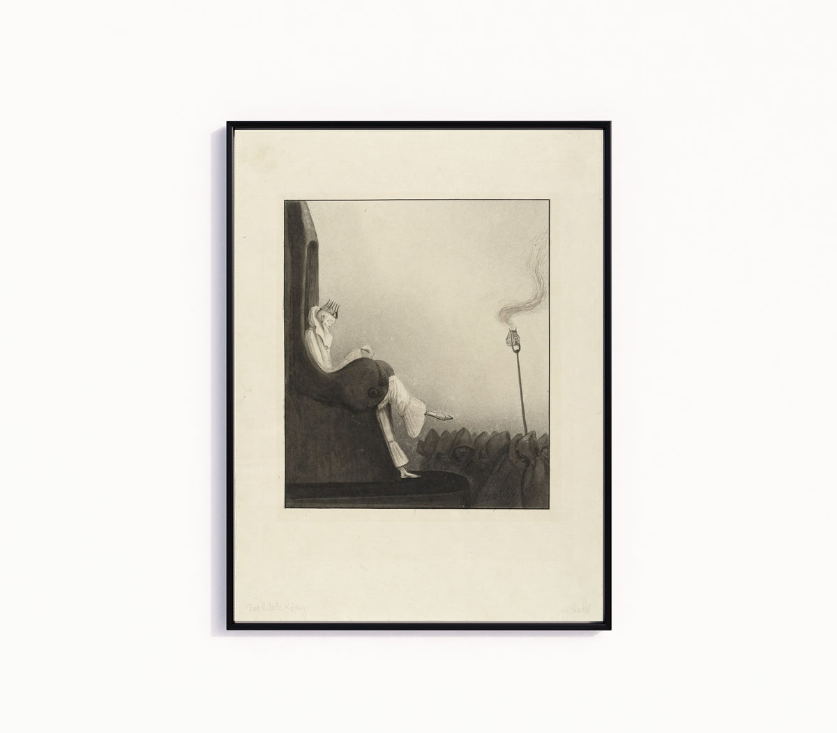 Framed art print of The Last King by Alfred Kubin, in a slim black frame on a plain white wall