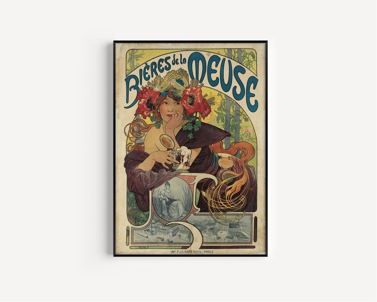Bières de la Meuse by Alphonse Mucha — shown framed on a wall