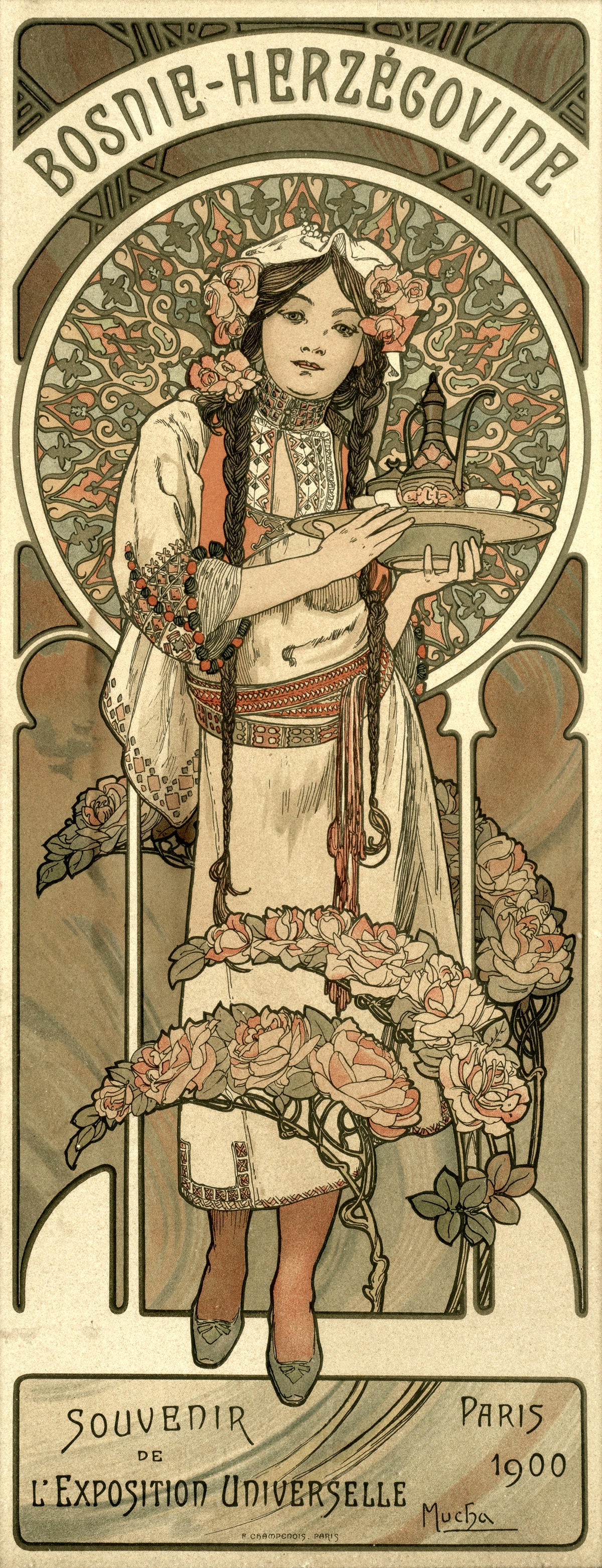 Bosnie-Herzégovine; L'Exposition Universelle, Paris by Alphonse Mucha — A girl in embroidered folk dress carries a tray of cups