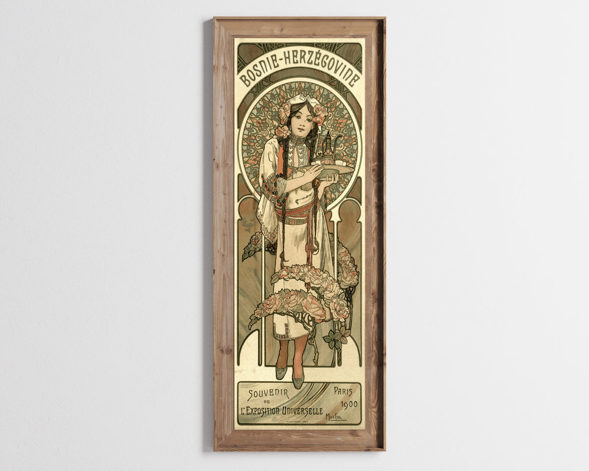 Framed art print of Bosnie-Herzégovine; L'Exposition Universelle, Paris by Alphonse Mucha, in a tall wooden frame on a pale wall