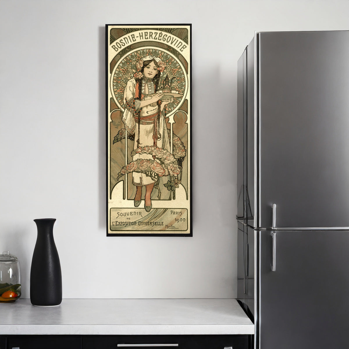 Framed art print of Bosnie-Herzégovine; L'Exposition Universelle, Paris by Alphonse Mucha, on a kitchen wall