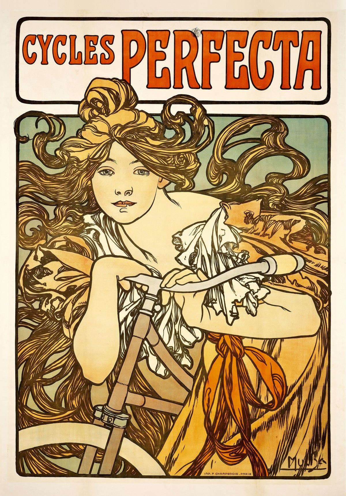 Cycles Perfecta by Alphonse Mucha — Hair streaming, a cyclist leans on her handlebar against a green sky