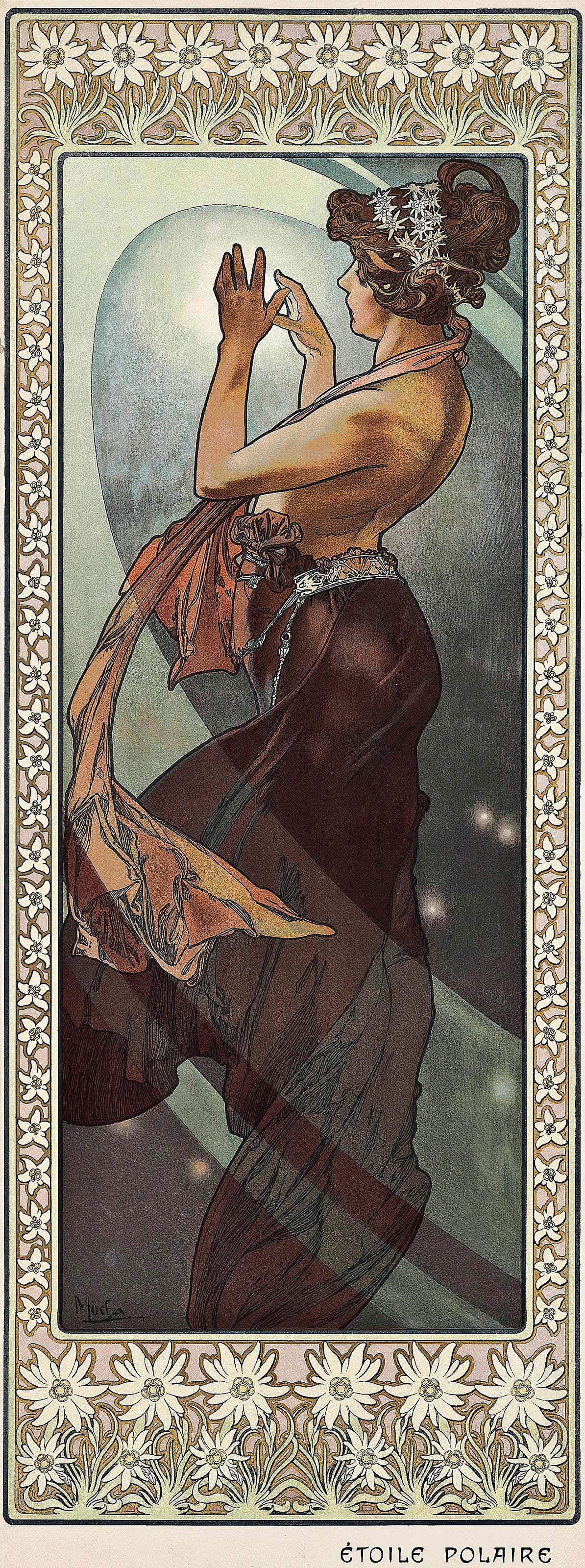 Étoile Polaire by Alphonse Mucha — A woman with stars in her hair raises her hands to a pale halo
