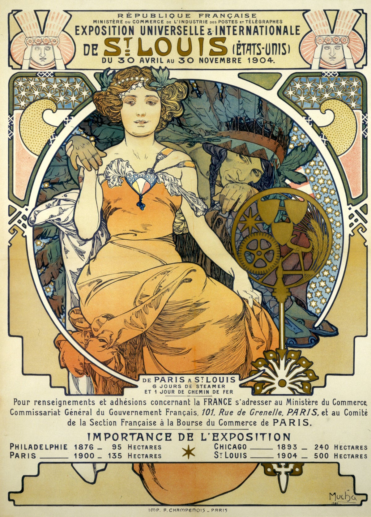 Exposition Universelle et Internationale de St. Louis (États-Unis) by Alphonse Mucha — A woman in orange beside a man in a feathered headdress