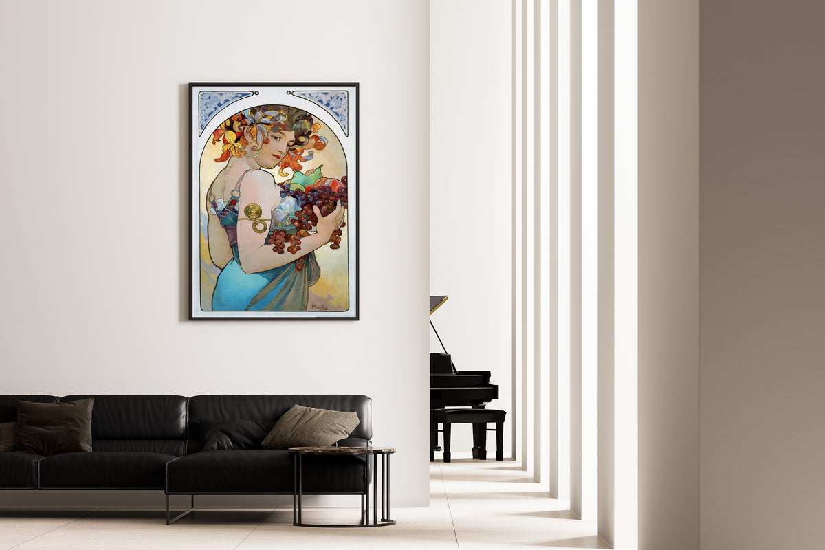 Framed art print of Fruit by Alphonse Mucha, on the wall of a minimal living room