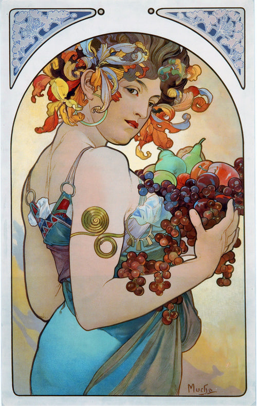 Fruit by Alphonse Mucha — A woman looks over her shoulder with an armful of pears and grapes
