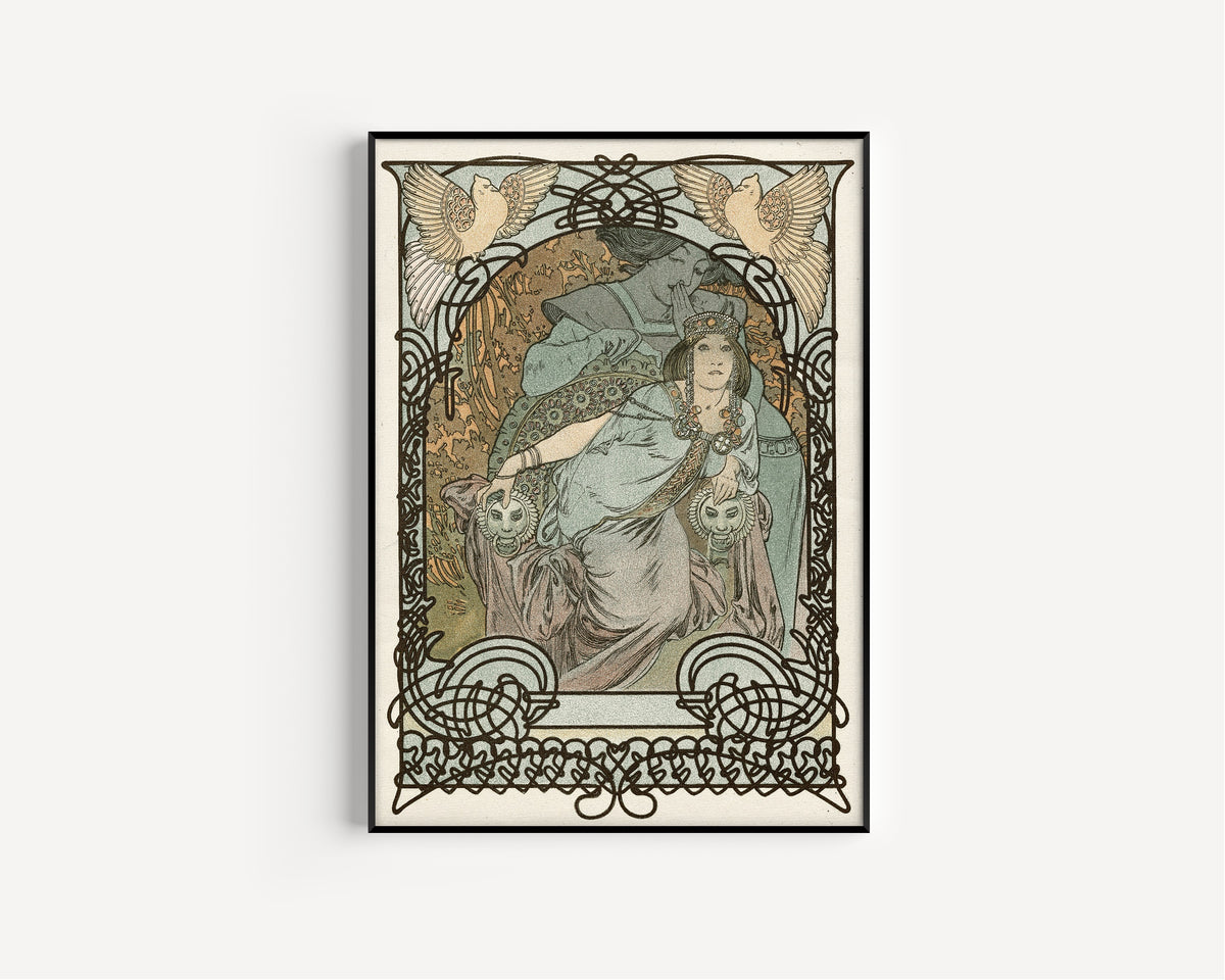 Framed art print of Ilsée, Princesse de Tripoli by Alphonse Mucha, in a slim black frame on a plain white wall
